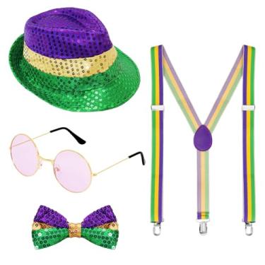 Imagem de Fumwase Conjunto de 4 peças de acessórios de carnaval para homens e mulheres, chapéu de lantejoulas, gravata borboleta, óculos de sol, suspensórios de fantasia