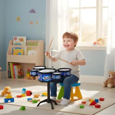 Imagem de Mini Bateria Infantil Brinquedo 5 Tambores Prato Baquetas Instrumento Musical Educativo Coordenação Motora Ritmo Presente Criança Menino Menina Som Realista.