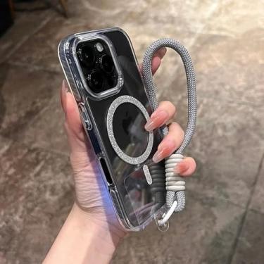 Imagem de Capa magnética transparente com alça de pulso para iPhone 14, 15, 16 Plus, 11, 12, 13, 16 Pro Max, capa transparente com glitter brilhante, prata D, para iPhone 15 Plus
