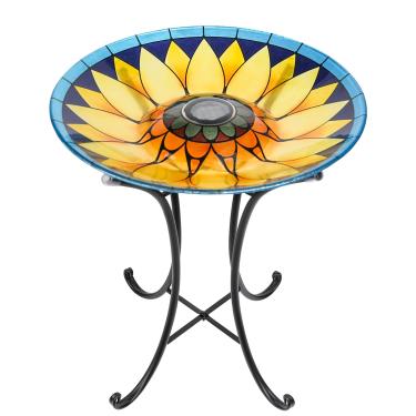 Imagem de MUMTOP Banheira para pássaros ao ar livre, tigela grande de vidro para banhos de pássaros com suporte de metal, banhos de pássaros de girassol solar para decoração de jardim externo, 45 cm de diâmetro