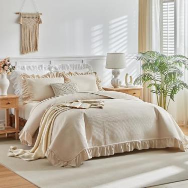 Imagem de Flysheep Conjunto de colcha de cama king com babados bege, 3 peças, shabby chique, fazenda, listrada, capa de cama de microfibra macia e leve para todas as estações (1 colcha com babados + 2 fronhas)