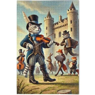 Imagem de Quebra-cabeça engraçado com estampa de músico de gato, 1000 peças, jogo de brinquedo, arte, enigma, cena, outono, presente personalizado, para amantes, família, quebra-cabeça, 75 x 50 cm