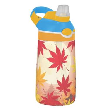 Imagem de Garrafa de água esportiva infantil Tritan de 473 ml com tampa de palha, garrafa de água reutilizável para escola, à prova de vazamento, copo infantil de 473 ml, alça de transporte, folhas de bordo