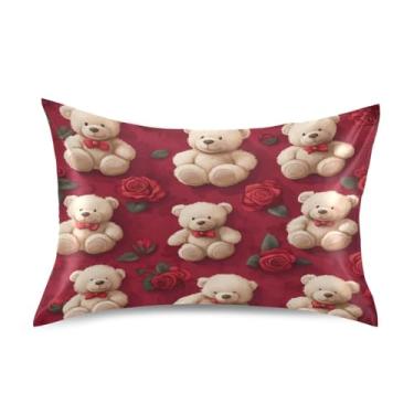 Imagem de Blueangle Fronha de cetim refrescante para cabelo e pele, capa de almofada de rosas de urso dos namorados, tamanho Queen 51 x 76 cm com fecho de envelope (435)