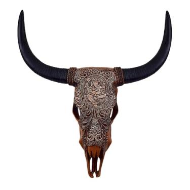 Imagem de Decoração de parede de caveira de vaca, gravação floral Ganesha - Faux Longhorn Skull Faux Taxidermy Head Wall Art Handmade - Cabeça de touro grande - Escultura de parede de fazenda - 99 x 59 x 18 cm