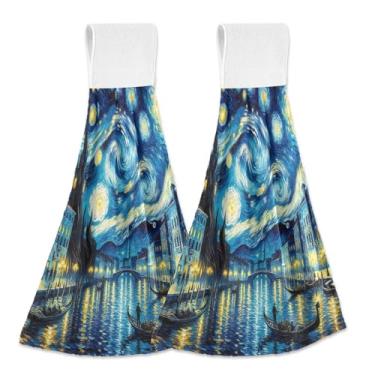 Imagem de Joitme Toalhas de mão retrô Veneza noite estrelada azul pendurado com laço, pacote com 2 panos de prato decorativos de lã coral absorvente para cozinha banheiro com fita mágica para forno ou pia