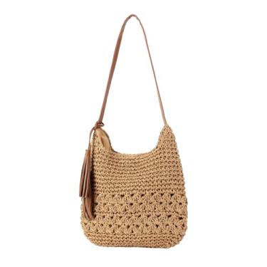 Imagem de Nefokfdus Bolsas de praia para mulheres, bolsa de praia de tecido de verão, bolsas de ombro grandes feitas à mão para férias de verão, Marrom