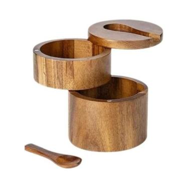 Imagem de Saleiro De Madeira Com Colher, Recipiente Redondo Para Temperos De Coz