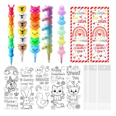 Imagem de MotiMind 30 conjuntos de giz de cera de dia dos namorados, lembrancinhas de festa, presentes de animais, giz de cera empilhável com cartões de colorir, bolsa de presente para dia dos namorados para