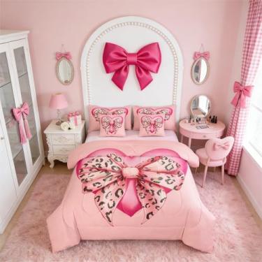 Imagem de Erosebridal Jogo de cama Queen Love Fantasy com laço de fita de leopardo, 7 peças, para crianças, meninas, mulheres, com laço kawaii, moderno, para crianças, meninas, mulheres, conjunto de edredom com