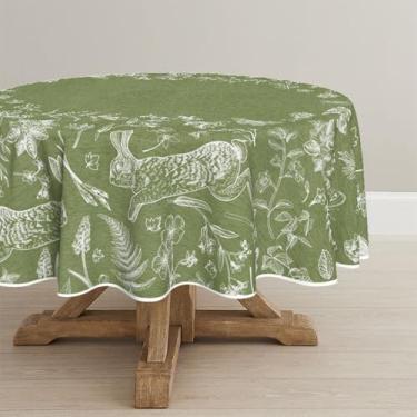 Imagem de Horaldaily Toalha de mesa redonda de Páscoa, 152 cm x 152 cm, coelhinho da Páscoa, flores brancas, samambaia, lavável, para decoração de festa, piquenique, jantar