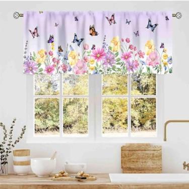 Imagem de Saia de cozinha floral roxa, quinta, flores silvestres, jardim, lilás, botânico, borboleta, país, varão, bolso pequeno, cortinas de janela curta para café, sala de estar, quarto, armário, banheiro