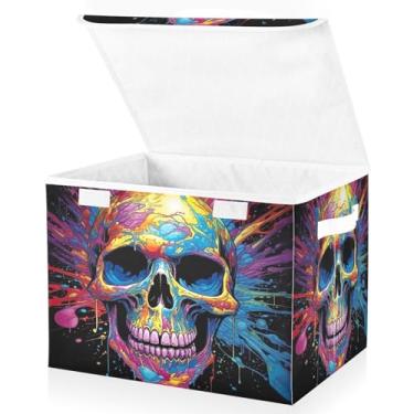 Imagem de Blueangle Cestos de armazenamento coloridos de caveira com tampas, 42 x 32 x 30 cm, grande cesta organizadora dobrável para decoração de casa e escritório (146)