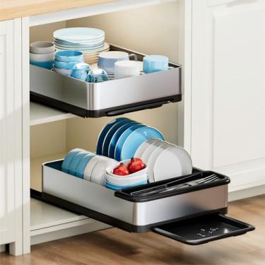 Imagem de Ewaiira Organizador de armário removível, escorredor de pratos deslizante de aço inoxidável com drenagem, armazenamento de gaveta deslizante, prateleiras de despensa estreitas para armários de cozinha