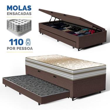 Imagem de Cama Box Baú com Colchão de Molas Ensacadas Double Face Pillow Euro Alfa Probel + Auxiliar Solteiro 88cm