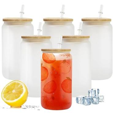 Imagem de AGH Pacote com 12 Espaços em Branco de Vidro de Sublimação Fosco de 16 Onças com Tampa de Bambu, Copos de Vidro de Sublimação Fosco com Tampa e Canudo, Copos de Vidro de Sublimação em Formato de Copo