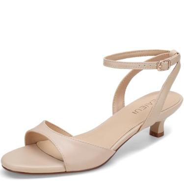 Imagem de TEAIEUI Sandálias femininas de salto gatinho, salto baixo, bico aberto, tira no tornozelo, sandálias femininas para festas e casamentos, Nude., 39