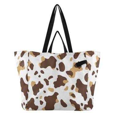 Imagem de SEHANY Sacolas de compras reutilizáveis com estampa de vaca marrom e branca com alças reforçadas, bolsa de compras de lona dobrável à prova d'água de grande capacidade para viagem, cozinha, praia