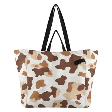 Imagem de SEHANY Sacolas de compras reutilizáveis com estampa de vaca marrom e branca com alças reforçadas, bolsa de compras de lona dobrável à prova d'água de grande capacidade para viagem, cozinha, praia