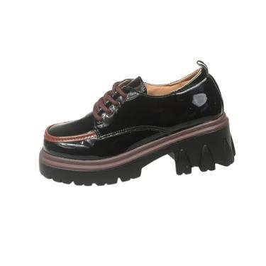 Imagem de Mocassins femininos casuais de couro para todas as estações, bico redondo, cadarço, sola grossa, salto médio, Preto, 38