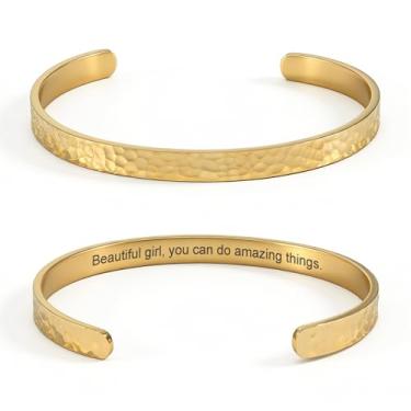 Imagem de cusurlove Pulseira feminina com versículo da Bíblia inspiradora martelada banhada a ouro 18 K, presente de joia de fé cristã, ajustável, não mancha, Medium, Aço inoxidável, Sem Pedra Preciosa