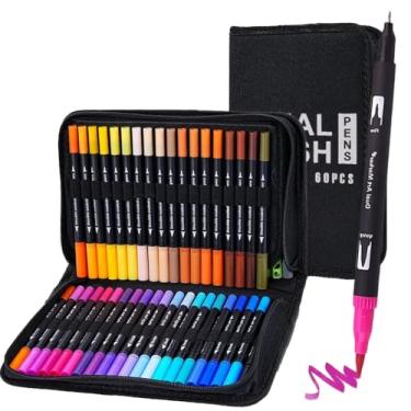 Imagem de Canetinhas, Caneta 2 Em1 Brush Lettering E Ponta Fina Dual Pen Canetinha Colorir Desenho, 36、48、60、72、80、100 Cores Para Conjunto Profissional Arte Infantil, Canetas Aquareláveis à Base De álcool (60)