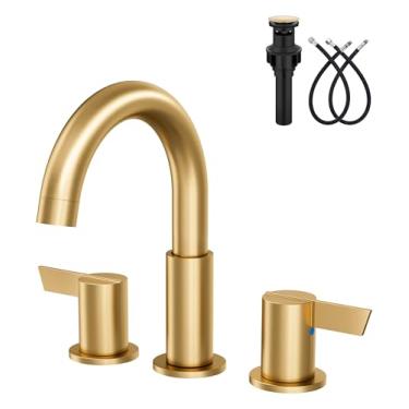 Imagem de GBBNE Torneira de pia de banheiro 3 furos 20 cm ampla torneira de 2 alças SUS304 aço inoxidável com ralo pop-up e linhas de suprimento ouro escovado