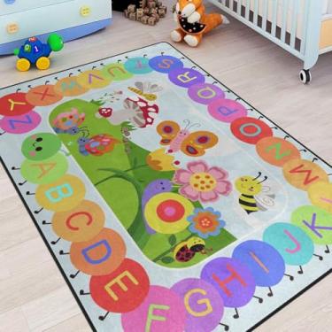 Imagem de Tapete infantil, tapete de lagarta arco-íris com letras do alfabeto ABC, tapete educativo - tapete de área de aprendizagem de 1,5 x 1,8 m com suporte de borracha, para aprender em casa ou sala de aula