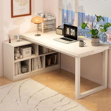 Imagem de Mesa reversível moderna em forma de L com prateleiras e armário de arquivos, estação de trabalho de computador de canto para escritório em casa, mesa executiva 119 x 78 x 76 cm, acabamento branco