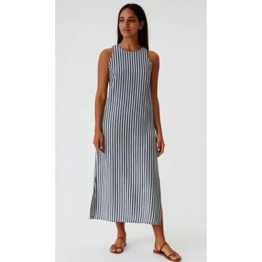 Imagem de Vestido Longo 100% Linho Fenda Lateral Listrado Zanca Modas, Listrado 
