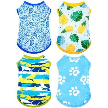 Imagem de PET SHOW Pacote com 4 camisetas de verão para cães pequenos, com proteção solar FPS 50+, roupas de resfriamento, camiseta regata com tubarão, cachorrinho, gatinho, gatos, para animais de estimação