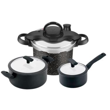 Imagem de Kit Panela e Caçarola Antiaderente Cerâmico + Panela de Pressão Fechamento Externo Preto