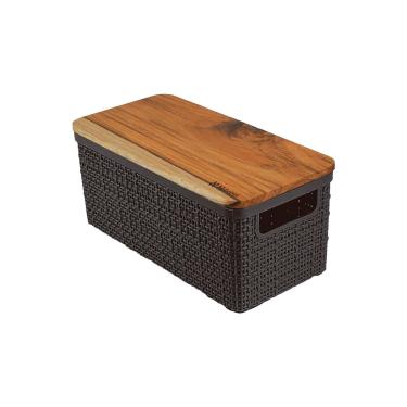 Imagem de Cesto Organizador Juta de Plástico Resistente Com Tampa de Madeira Capacidade 3,7 Litros Preto