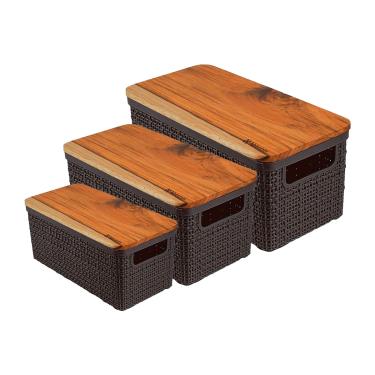 Imagem de Kit 3 Cesto Organizador Juta de Plástico Resistente Com Tampa de Madeira Capacidade Preto