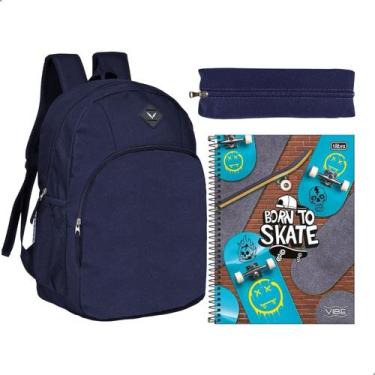 Imagem de Kit Material Escolar Masculino Mochila Caderno Estojo - - Azul - Daruj