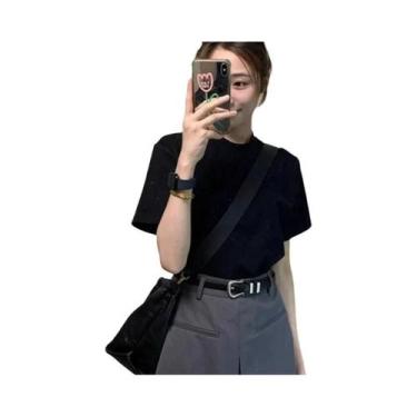 Imagem de Camiseta Feminina Retro Preta De Algodão Com Mangas Curtas, Top De Ver