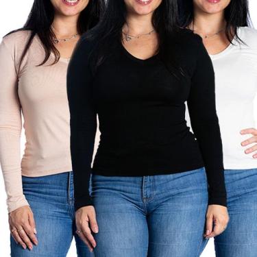 Imagem de Kit 3 blusas feminina manga comprida segunda pele gola v - Maranne, Ki