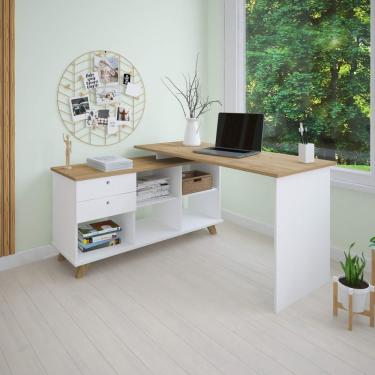 Imagem de Escrivaninha em l Gold Moderno 2 Gavetas em MDF 145cm Branco para Escritório com Nichos