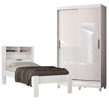 Imagem de Cama Solteiro Invicta com Guarda Roupa Fit 2 Portas com Pés e Espelho 