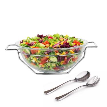 Imagem de Saladeira Redonda Andrea de Vidro e Aço Inox 3L com Suporte Aramado e Talheres Forma Utilidades