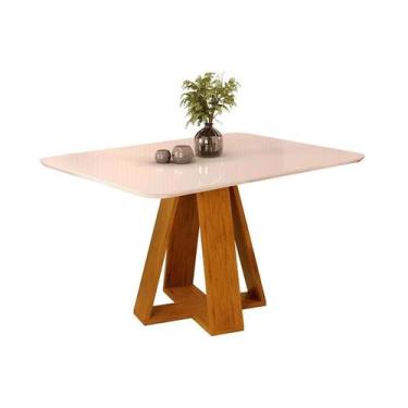 Imagem de Mesa p/ Cozinha Celeste c/ Tampo Madeirado Vidro Curvo 120x90cm Cedro/