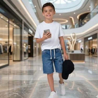 Imagem de Bermuda Jogger Cargo Menino Mania Kids em Jeans c/ Bolsos e Cordão na 