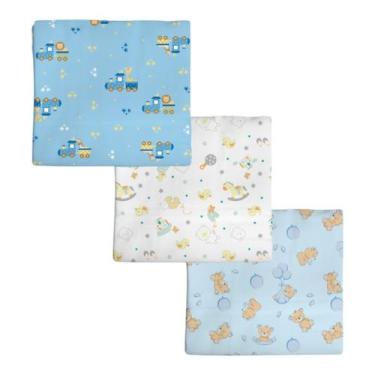 Imagem de Kit 3 Cueiros Bebê Flanelado Grande 1,00M X 0,80M Estampado 100% Algod
