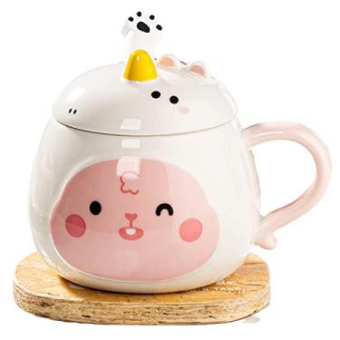 Imagem de seelucky Caneca de balão de ar quente com tampa colher criança caneca de leite de desenho animado caneca 3D xícara de café de cerâmica xícara de chá presente de aniversário escritório casa (coelho rosa pata, 350 ml)