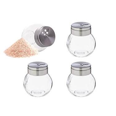 Imagem de Kit 4 Potes Porta Condimentos e Tempero Pimenteiro, Saleiro, Queijeira Vidro Tampa Inox Giratória