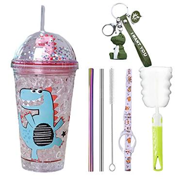 Imagem de seelucky Caneca de viagem de dinossauro com canudo azul copo de bebida com alça copo de festa rosa copo de gelo para piquenique festa aniversário (gel rosa de dinossauro dançante, 430 ml)