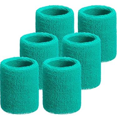 Imagem de Pacote com 6 bandanas de pulso de tênis bandas de transpiração absorventes para futebol basquete, corrida, esportes atléticos e malhar (verde lago)