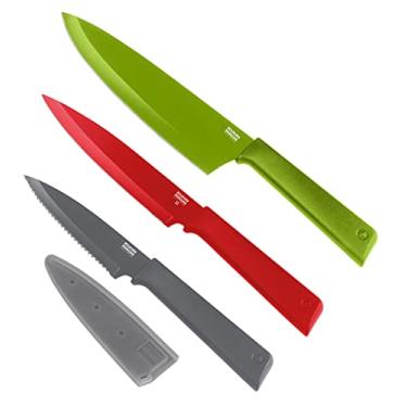 Imagem de Kuhn Rikon COLORI+ Conjunto de facas mistas com revestimento antiaderente e bainhas de segurança, conjunto de 3, verde, vermelho e cinza grafite