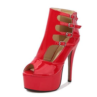 Imagem de Botas de salto alto para mulheres, plataforma salto alto boca de peixe bico aberto salto alto botas de cano médio botas de plataforma femininas salto grosso sola grossa botas de tornozelo, vermelho, 36 EU/5 US