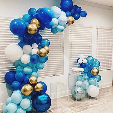 Imagem de 100 peças de guirlanda e arco de balão azul ouro branco - 100 peças de balões de látex, fita de balão de arco de 16 pés para chá de bebê aniversário festa de casamento pano de fundo